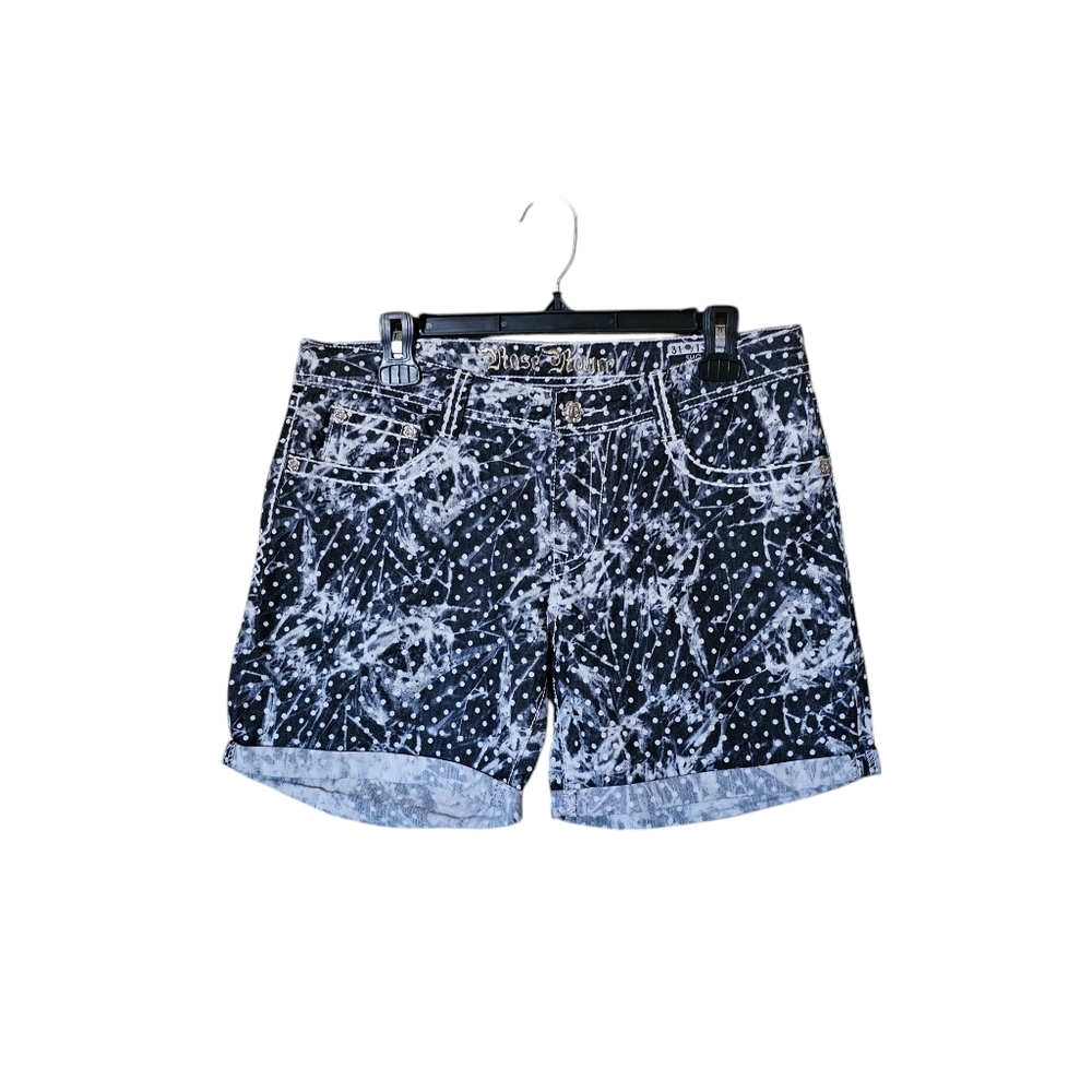 Rose Royce Navy Blue White Polka Dot Midi Jean Shorts Size 13/14 Mid Rise